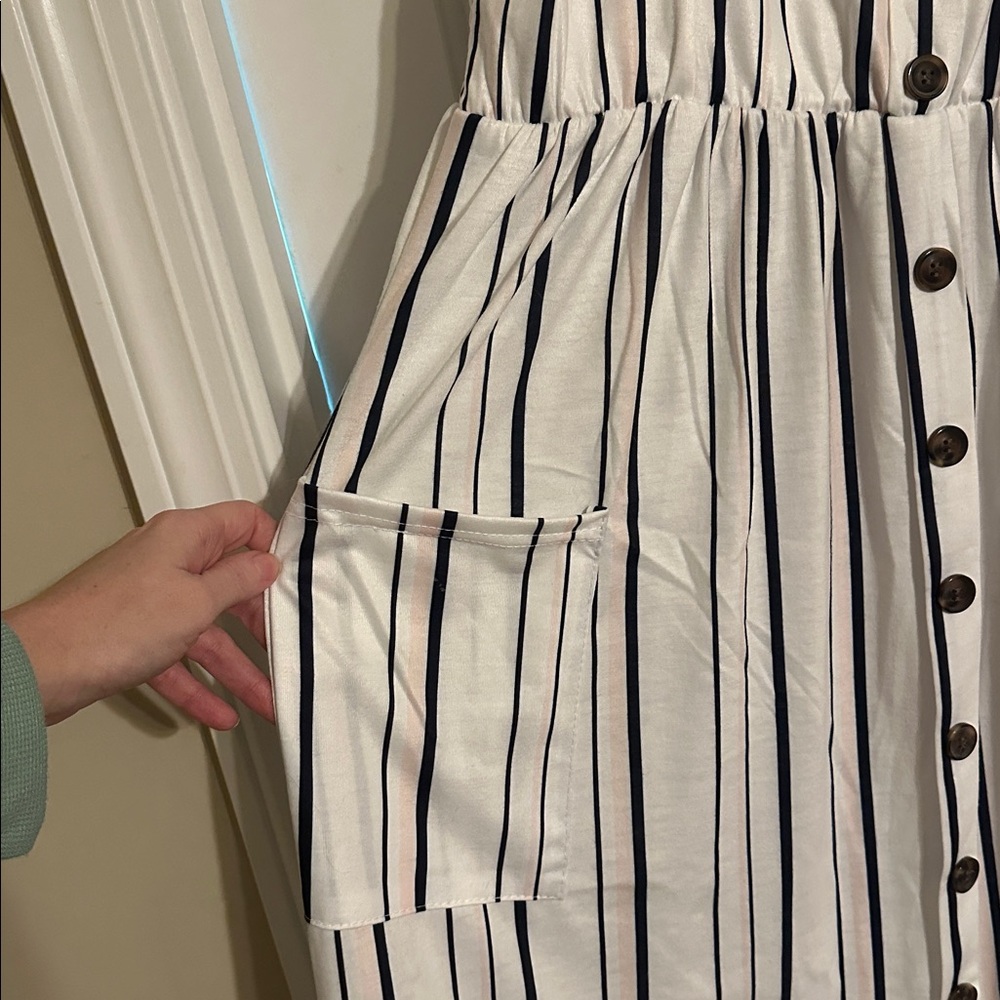 Striped Faux Button-Down Dress with Pockets - Picture 6 of 6